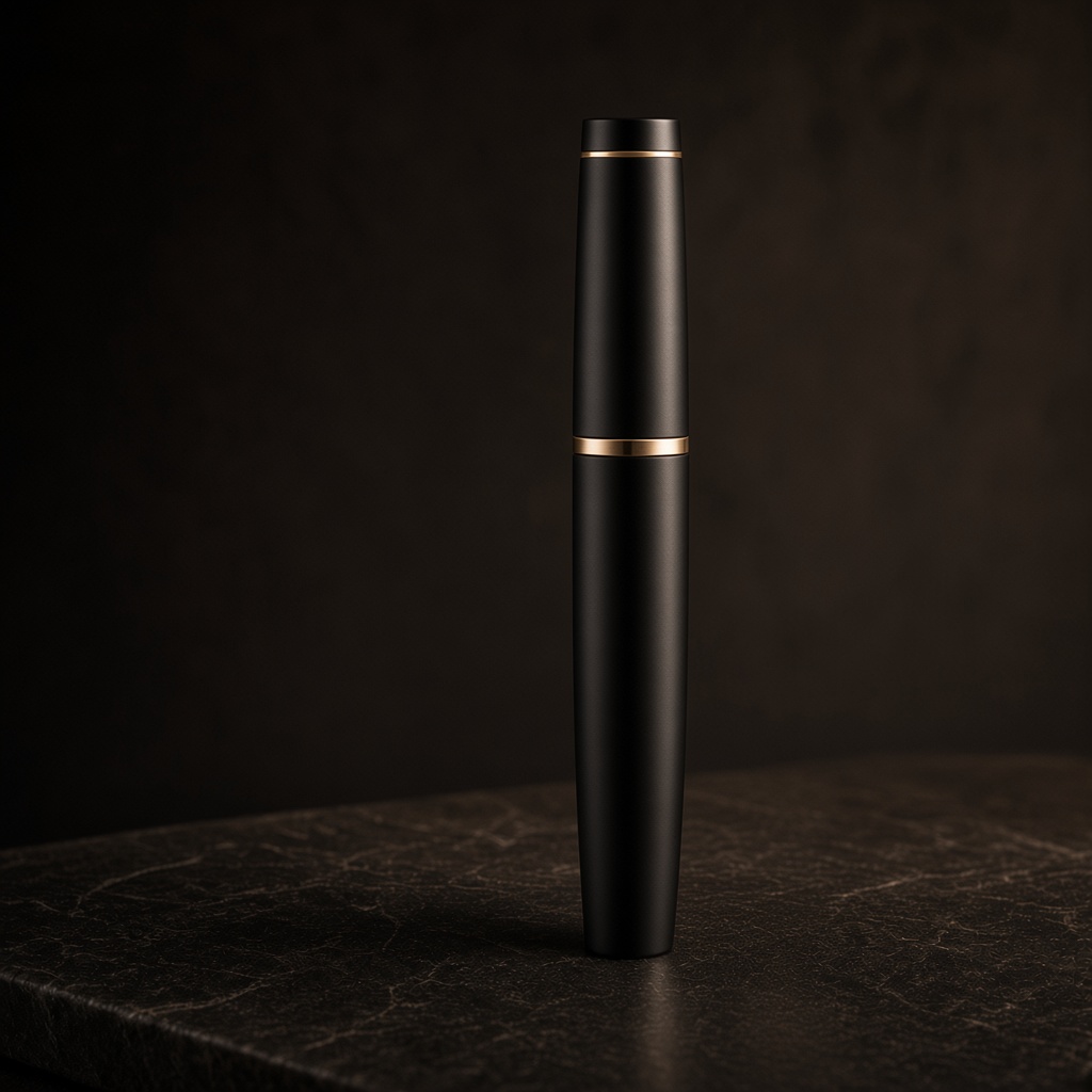 Closed black pen with a champagne band and the cap on, on dark stone.