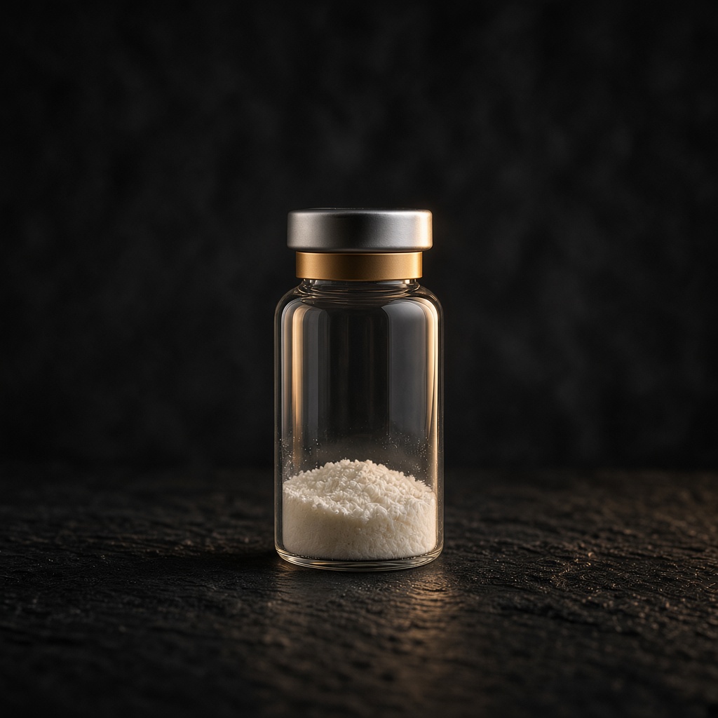 Clear glass research vial with a champagne neck band and white powder, on dark stone.
