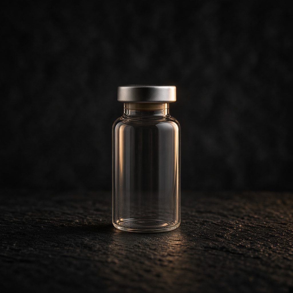 Clear glass research vial with a champagne neck band and a thin layer of powder, on dark stone.