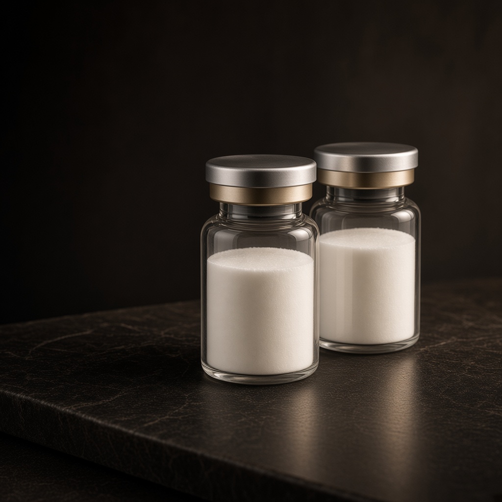 Two clear glass research vials with champagne neck bands on dark stone.