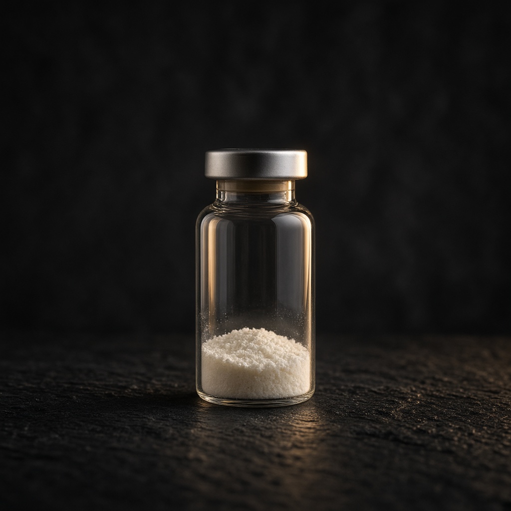 Close view of a clear glass research vial with a champagne neck band and white powder.